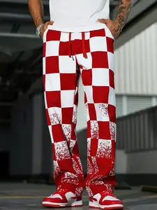 Men’s High Street Red & White Checkered Tie-Dye Drawstring Long Pants — 2026 Spring/Summer New Arrival, Loose Straight-Leg Casual Pants with Gradient Print, Versatile Style