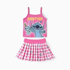 Disney Stitch & Scrump Girls 2-Piece Outfit - Pink Tank Top & Checkered Pleated Skirt Set Character Apparel for Toddlers & Little Girls, Summer Casual Set