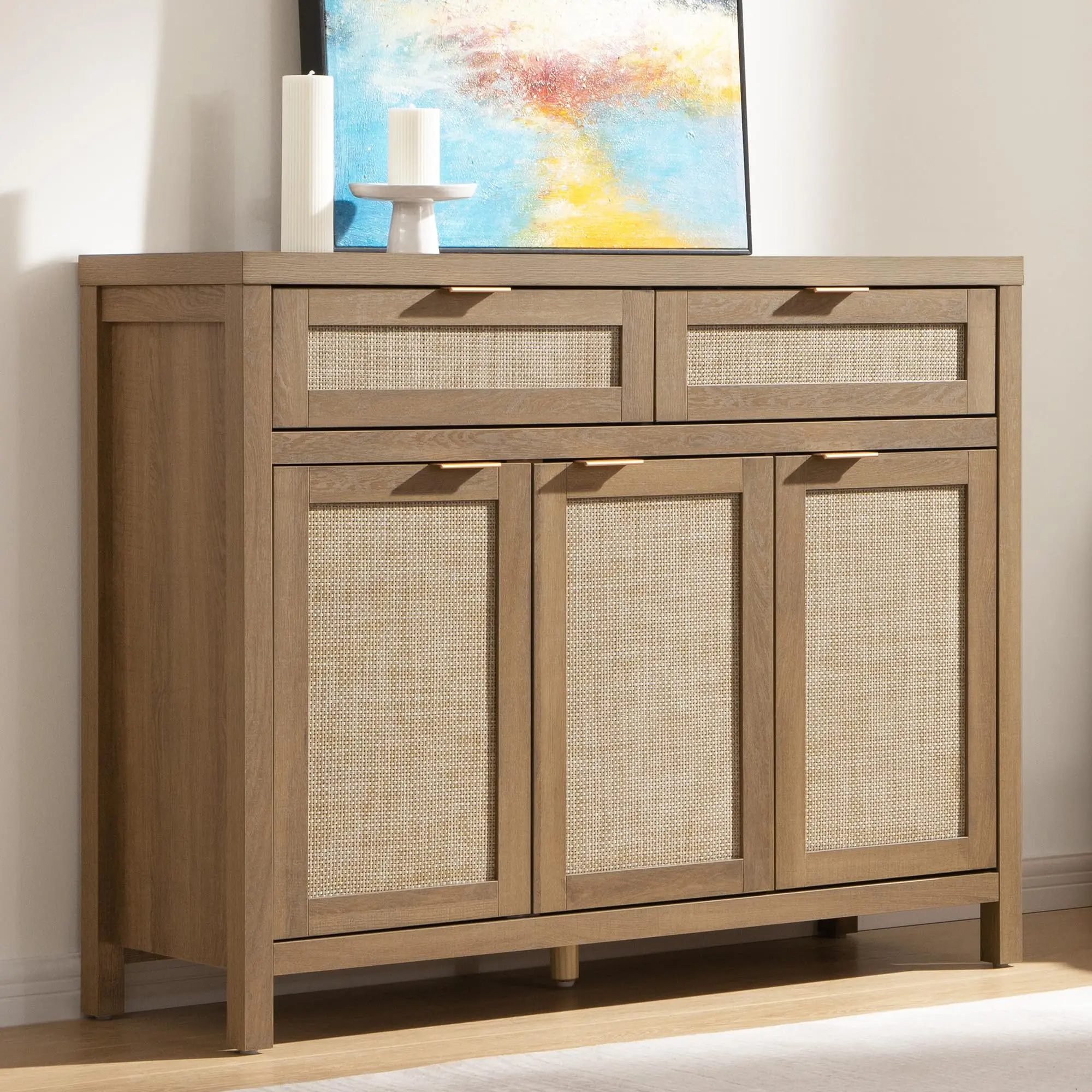 SICOTAS Rattan Sideboard Buffet Cabinet - Boho Farmhouse Credenza with 3 Doors and 2 Drawers, Storage Console Cabinet for Kitchen, Living Room, Entryway, Coffee Bar and Home Decor,dorm essentials