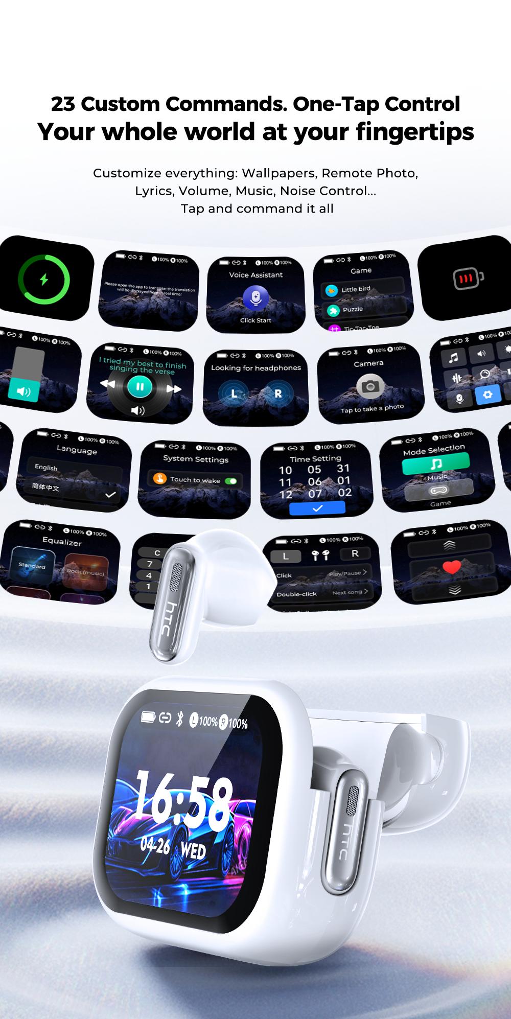 HTC NE68 Bluetooth 6.0 Earphones LCD Touch Screen IPX5 Waterproof Wireless Headphones 60H Playtime, HD Stereo Sound Earbuds, Built-in Microphone for Travel Learning Business