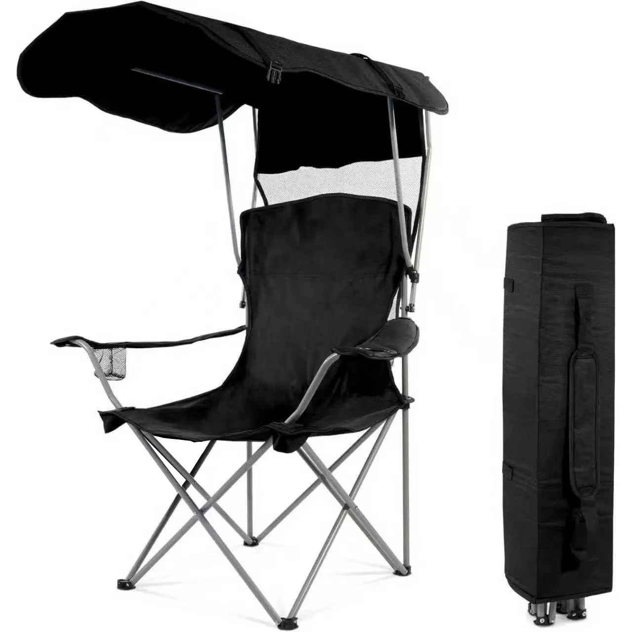 Portable Folding Outdoor Chair with Sun Canopy, Wheeled Carry Bag, Oversize Seat – Ideal for Camping, Fishing/Beach, Outdoor Events, Folding Camping Chair, Steel Frame, Sturdy Support, Adjustable Shade, Compact Folding Chairs