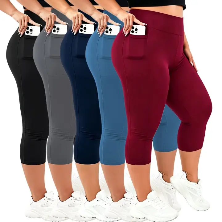 Plus Size High Waist Capri Leggings for Curvy Women Soft 4-Way Stretch Female Activewear Bottoms with Pockets for Yoga & Running High Waist Leggings Work Leggings Fabric