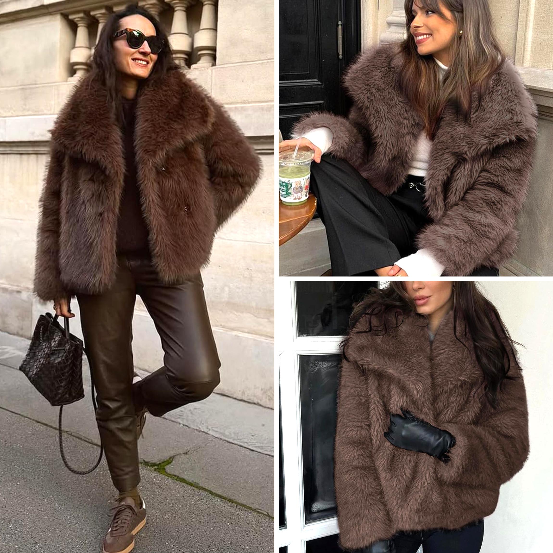 Buenoble Women's Brown Faux Fur Coat Winter Fluffy Short Jacket Warm Fuzzy Oversized Outwear Top Shaggy Collar Full Lining Short Jacket with Side Pockets SpringStatements
