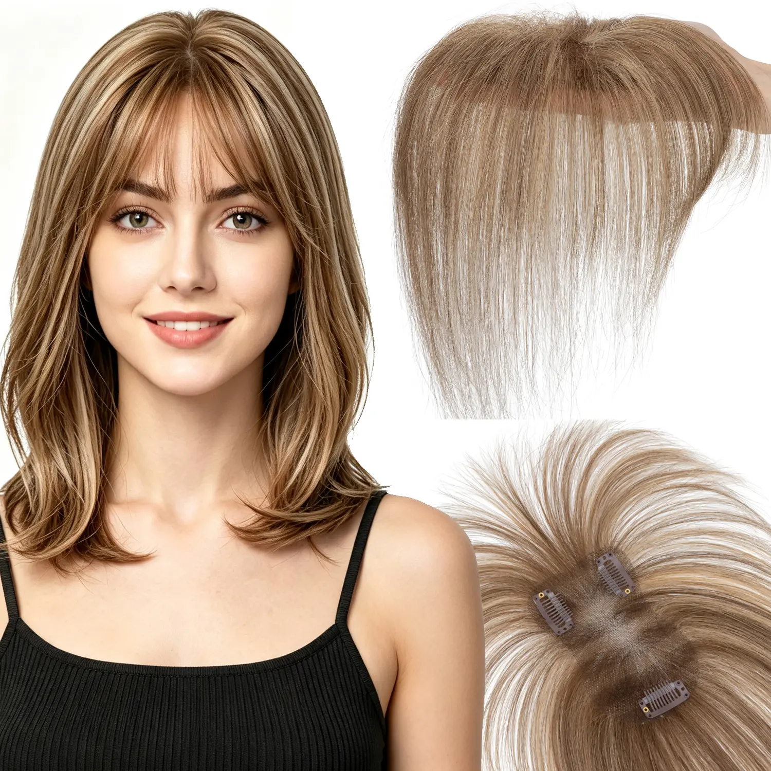 Women's Real Human Hair Toppers with Wispy Bangs, 11in Natural Straight Modern Hairpieces, 360°Cover, 3D Clips, 2.76"x4.33" Breathable Lace Base, Lightweight, 27.94cm, Female Daily Wear, 27.94 Centimeters