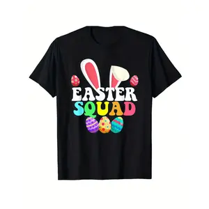 Women's Short-Sleeve Funny Easter Squad Graphic T-Shirt - Black Casual Round Neck Top with Colorful Painted Eggs, Bunny Ears for Easter Egg Hunt, Spring Parties - Comfortable Holiday Apparel, Shortsleeve