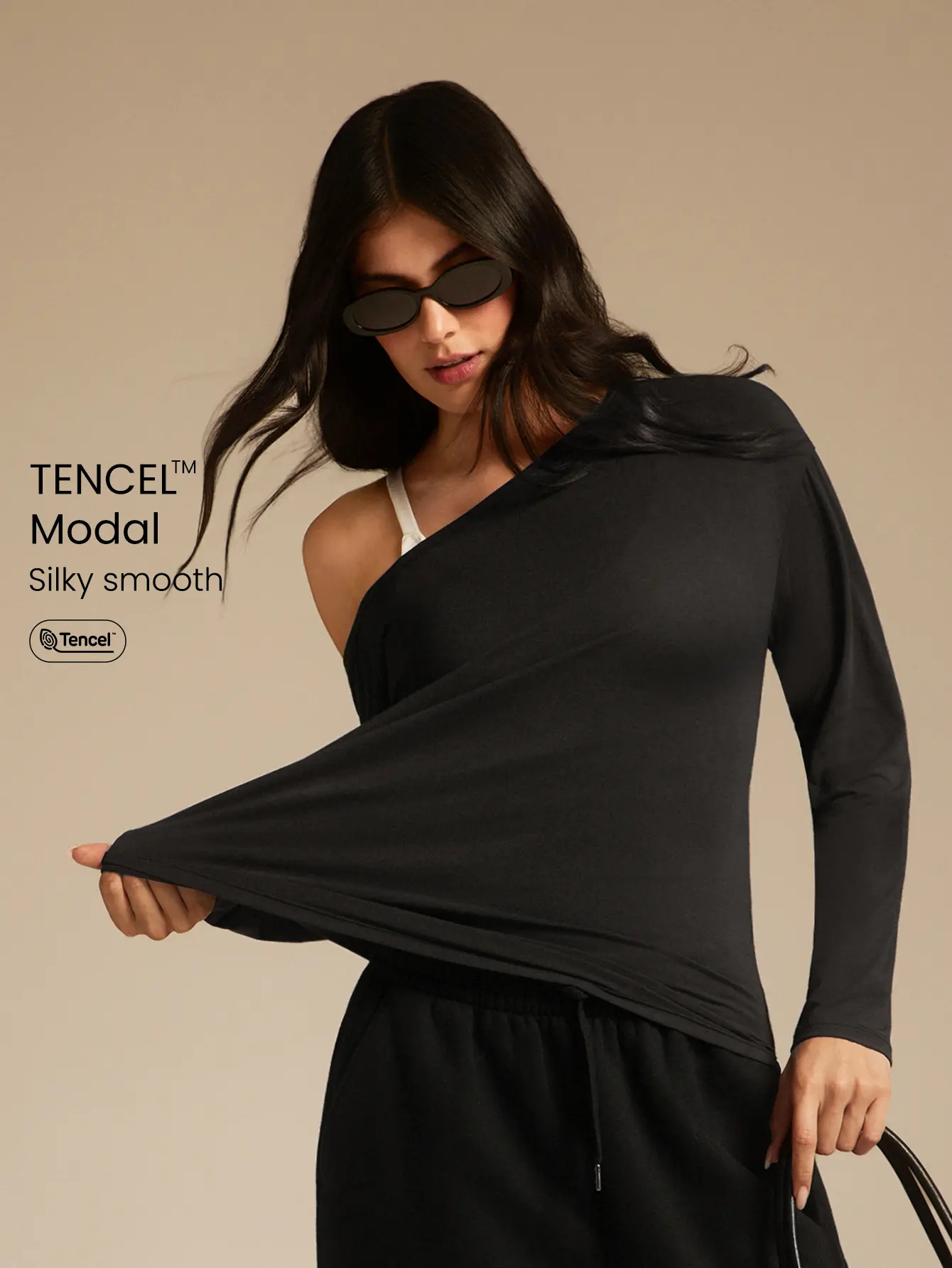 GLOWMODE TENCEL Modal Drift Off Lightweight Silky Smooth Asymmetrical Off Shoulder Long Sleeve Active Top Low-Impact Yoga Pilates Gym Studio Daily Casual Wear
