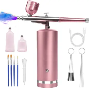 Airbrush Kit With Compressor - 48PSI Rechargeable Cordless Non-Clogging High-Pressure Air Brush Set with 0.3mm Nozzle and Cleaning Brush Set for Nail Art, Makeup, Painting, Cake Decor (Pink)
