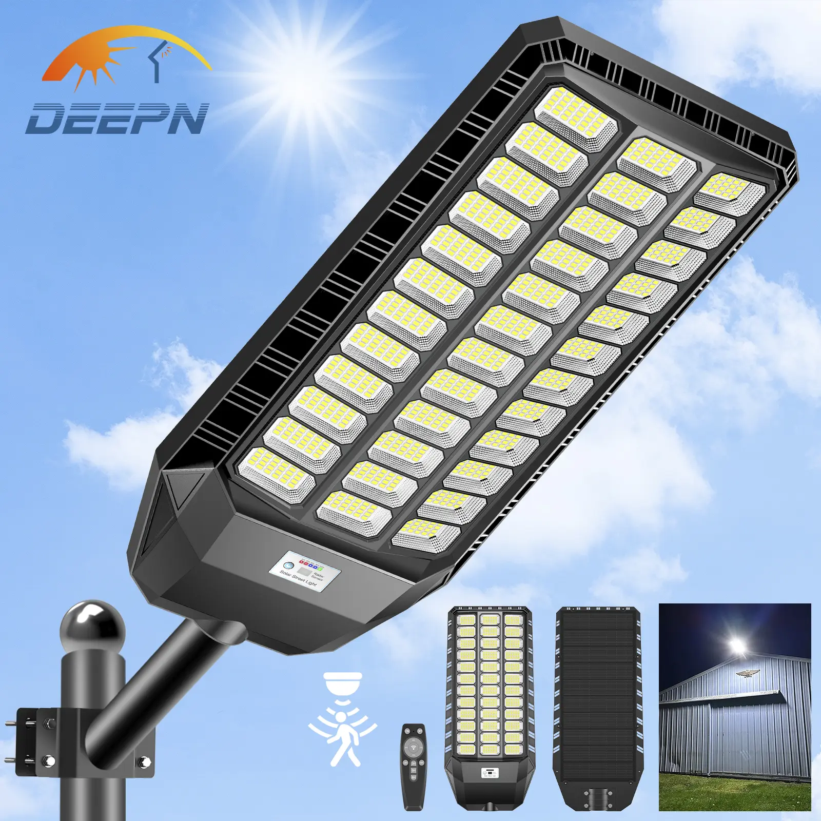 DEEPN Solar Street Light Outdoor 3 Lighting Modes 6500K Spotlight LED Motion Sensor Security Wall Light, Ideal for Garden, Courtyard, and Porch Decoration, IP67 Waterproof, Remote Control Supported, Solar-Powered Wall-Mounted Solar Street Outdoor Lighting