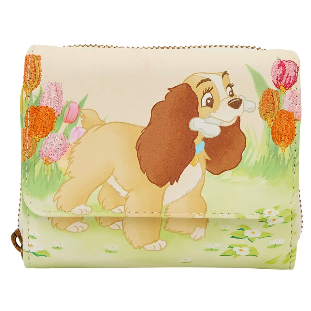Loungefly Disney Lady and the Tramp Trifold Wallet, Faux Leather with a Pastel Tulip Flower Pattern and Embroidered Details, Flower Pattern Wallet, Casual Wear, Embroidery Detail, Tulip Print, Graphic, Everyday Carry