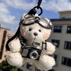 Cute Flash Camera Bear Plush Doll Bag Pendant - Faux Fur Pink Heart Teddy Bear Keychain Charm Carabiner for Keys Bags & Cars