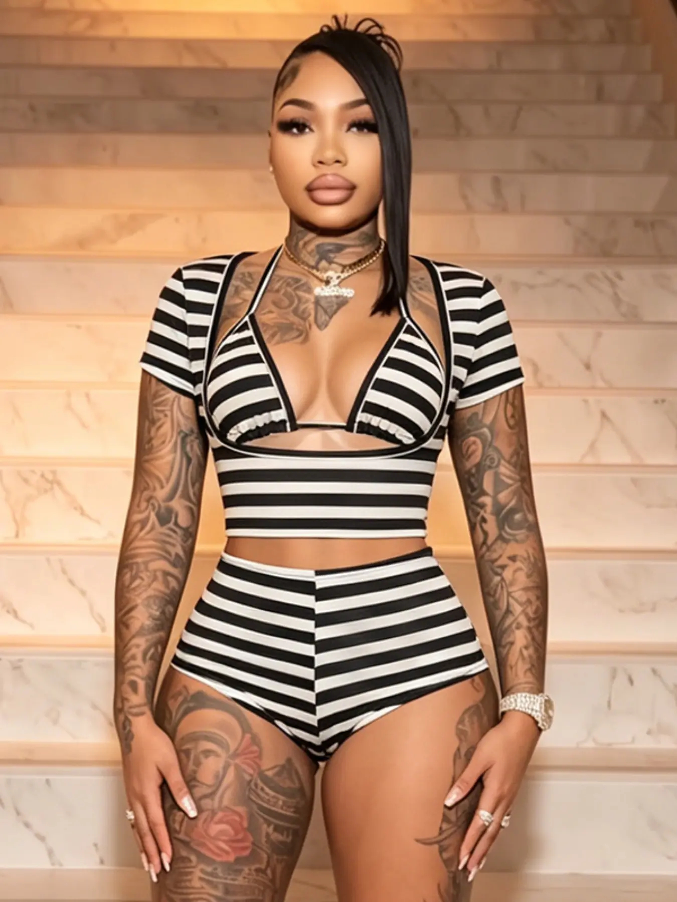 Women's Three-Piece Set, Fashion Clothes Set, Striped U-Neck Short Top & Halter Top & High-Waisted Shorts, Trendy Colorblock Design, Perfect for Parties & Music Festivals