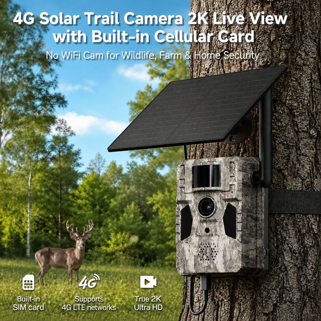 4G LTE Solar Powered Hunting Trail Camera 2K Live Feed 0.1s Fast PIR Trigger Low-Glow Night Vision IP66 Waterproof Remote Control APP Control Wildlife Game Cam Built-In Cellular Card No Wi-Fi, Requires 4G Unlimited Data Plan Activation tiktokshopbacktosch