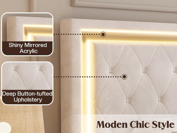 AMERLIFE Modern Bed Frame with RGB LED Lights, Adjustable Headboard Velvet Button Tufted/Acrylic Mirror Accents/Smart APP&Remote Control/No Box Spring Needed/Furniture Room/Full/Queen Size/Best Gift Ideas/Christmas Gifts