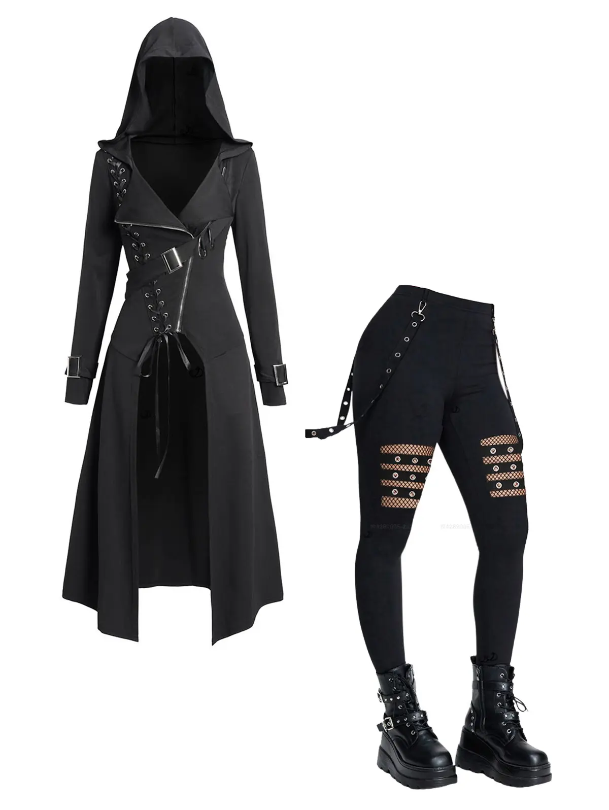 DRESSLILY 2025 Gothic Matching Set Women Outfit Lace Up Zip Hooded Coat and  Hollow Out Solid Color Grommet Chain Embellishment Pants Outfits