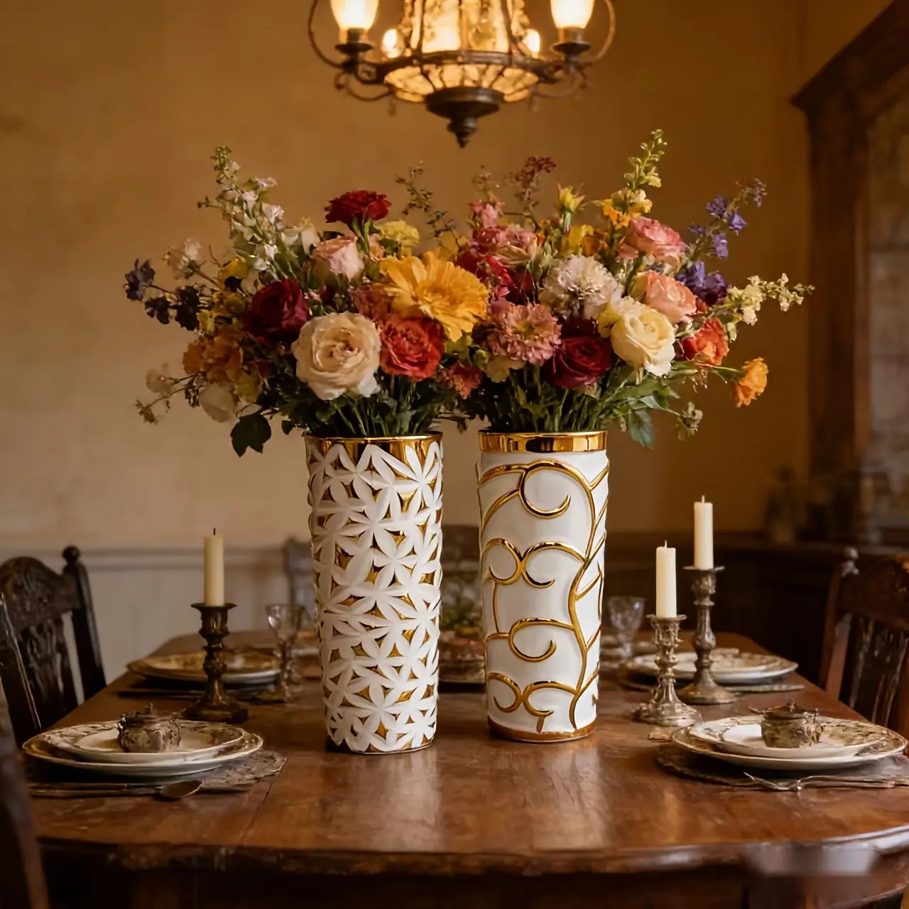 One white base gold glass vase—large and cute, traditional style, country style—suitable for pampas grass; ideal for home decor, living room, dining table, farmhouse, office, bedroom, tabletop, and kitchen shelves.