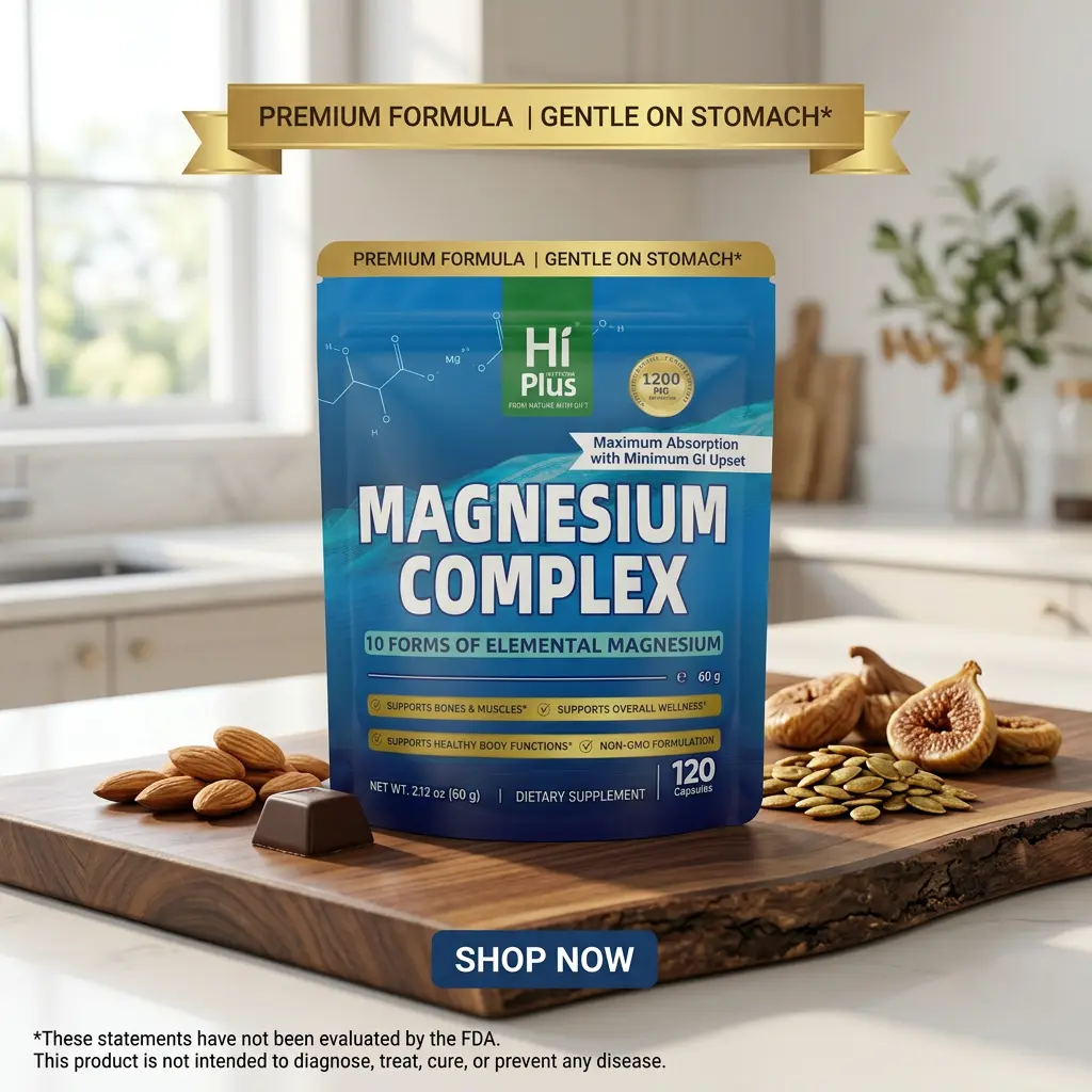 HiPlus Magnesium Complex Dietary Mineral Supplement, 1200mg 10-Essential Magnesium Capsules, Supports Muscle, Fitness & Bone Health, GMO-Free Everyday Nutrient Supplement, 120 Count