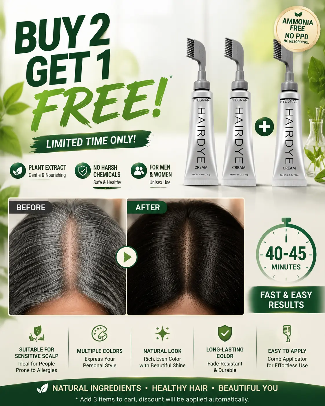 PYEONAN Hair Dye Cream with Comb Applicator, Gray Hair Color for Men & Women, Portable Home Use, Natural Herbal Extracts, 100% Gray Coverage, Quick 40-Minute Hair Dye, No Ammonia No Hydrogen Peroxide, Gentle on Scalp, Black & Dark Brown