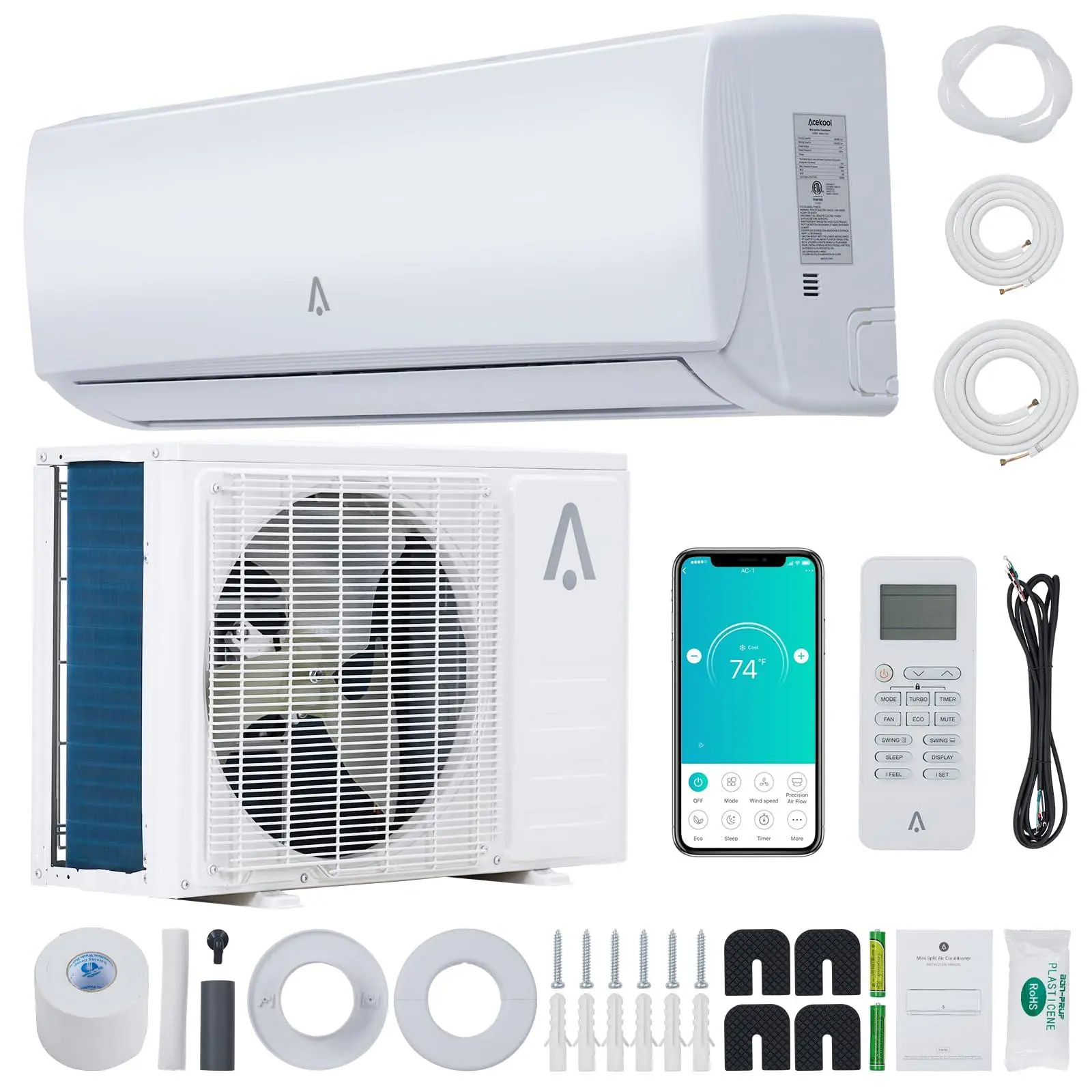 21 Seer2 Split Air Conditioner, 12,000 Btus Mini Split Ac/Heating System, Inverter Ductless Air Conditioner w/Alexa, Heat Pump & Installation Kit, Wall Mounted Ac Unit Cools Room Up to 750 Sq.Ft, 115V