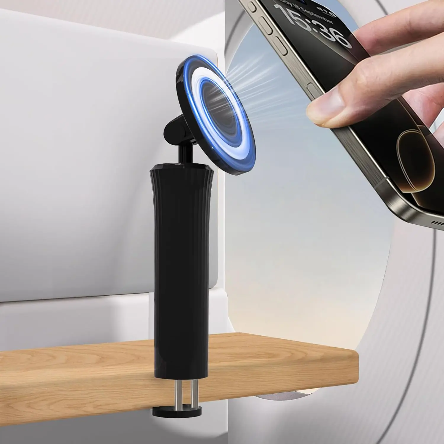 This 360° rotatable magnetic phone stand for desktop is compatible with MagSafe. It features an adjustable length and is suitable for iPhone 16 Pro Max, 15 Pro Max, 14 Plus, 13 Mini, as well as 4-7 inch phones.