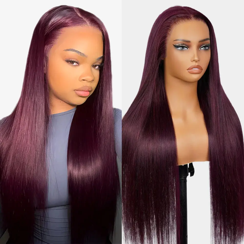 Megalook 13x6 Glueless Lace Front Human Hair Wig Pre-Cut Pre-Plucked Plum Color Deep Part Lace Silky Straight Three-Go Easy Install Wig