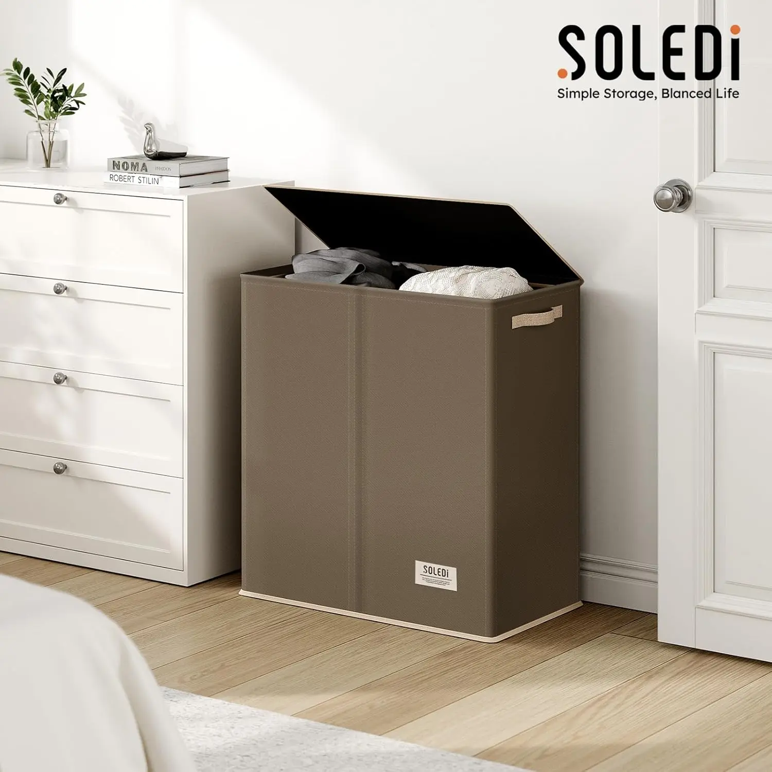 SOLEDI Large Double Laundry Hamper with Lid, Collapsible Clothes Hamper 2 section with Removable Bags, Space-Saving Laundry Basket for Bedroom, Dorm, College