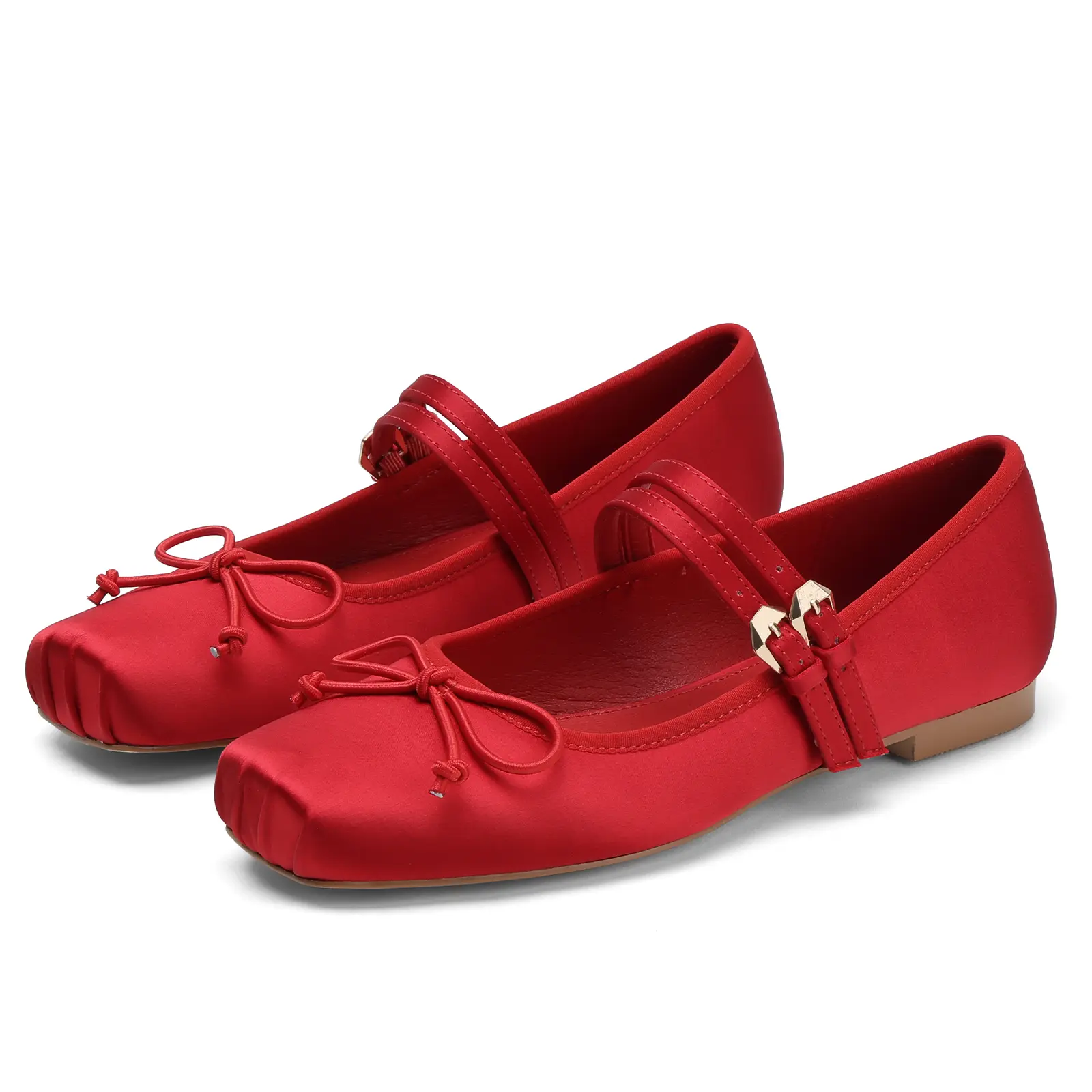 Women's Bow Ballet Mary Jane Ballet Flats Square Toe Double Strap Gold Buckle Accent Sleek Glossy Satin Material Comfortable Slip-On Design Trendy Feminine Footwear Perfect for Parties walking and Special Occasions Black Red  Girl Shoe Ballroom