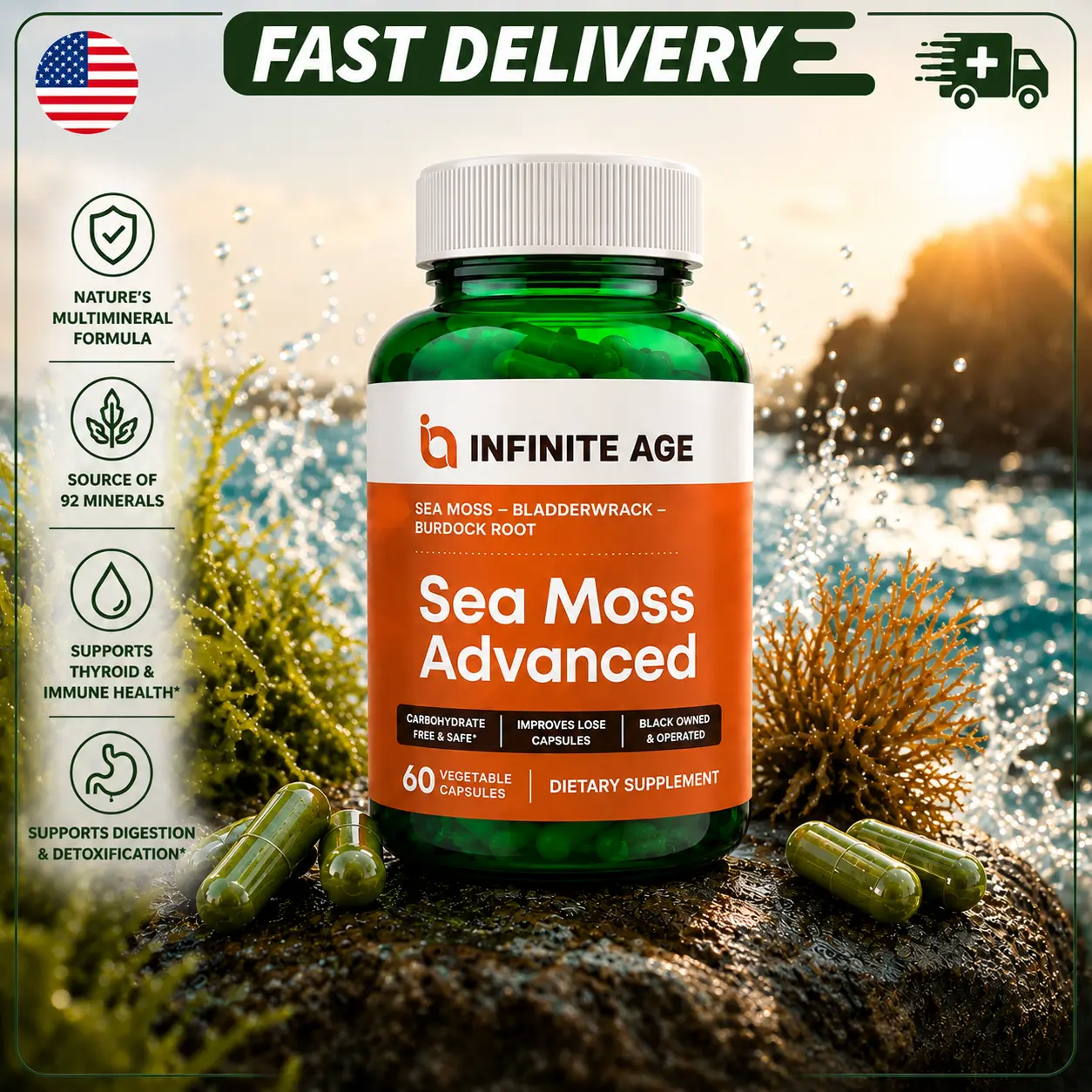 Irish Sea Moss Botanical Supplement Capsules - 1250mg with Bladderwrack & Burdock Root, Plant-Based Vegan Herbal Supplements, 60-Count Bottle, Made in USA for Adults