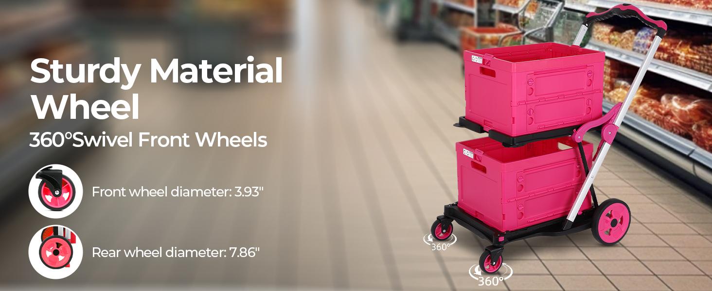 Foldable Shopping Cart with Wheels,With Storage Crates, Multi Use Two Tier Collapsible Cart with 360° Rolling Swivel Wheels Heavy Duty Folding Trolley for Shopping, Picnic and Office,Cosmetic Organizer,Grocery,Warehouse,Garden