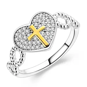 MULA 925 Silver-plated Cross Ring – Two-tone 14K gold-plated Christian heart-shaped ring, set with pavé cubic zirconia, a religious vow of purity jewelry, a girl's confirmation/baptism gift.