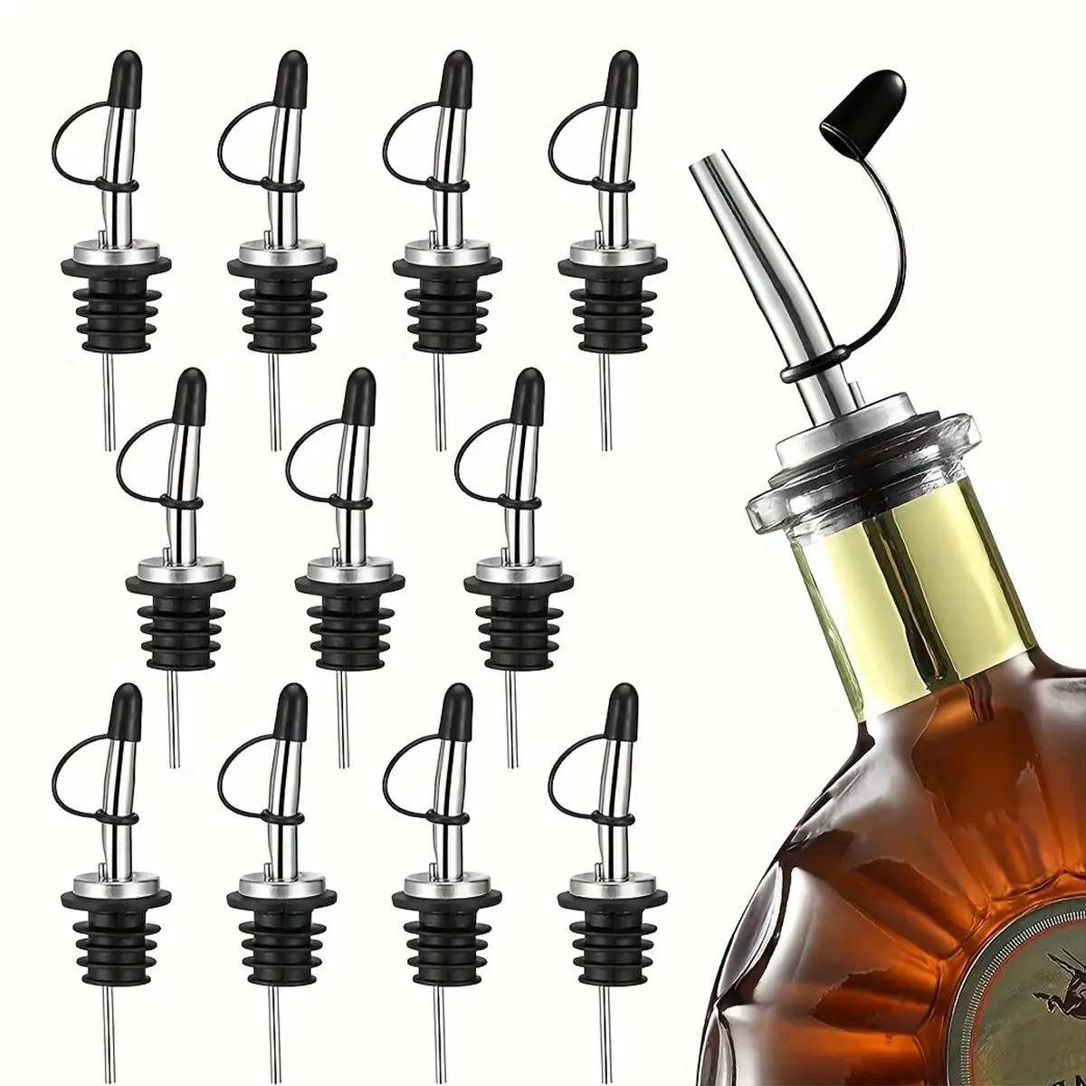 Stainless Steel Liquor Bottle Pourers, 4/6/8/12pcs Vinegar Tapered Stopper Spout, Summer Essentials Rubber Dust Caps for Kitchen Bar, Summer for Gift