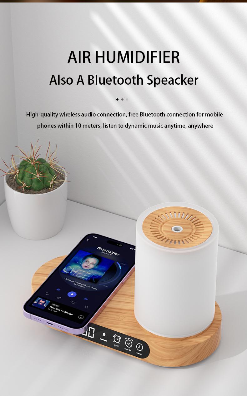 【CLEARANCE SALES】DOMEIU Multi-function automatic shut-off air humidifier bedroom chargers , aroma diffuser,  wireless charging, Bluetooth speaker. 7 color light, alarm clock,  Automated Aromatherapy .Limited-time flash sale products