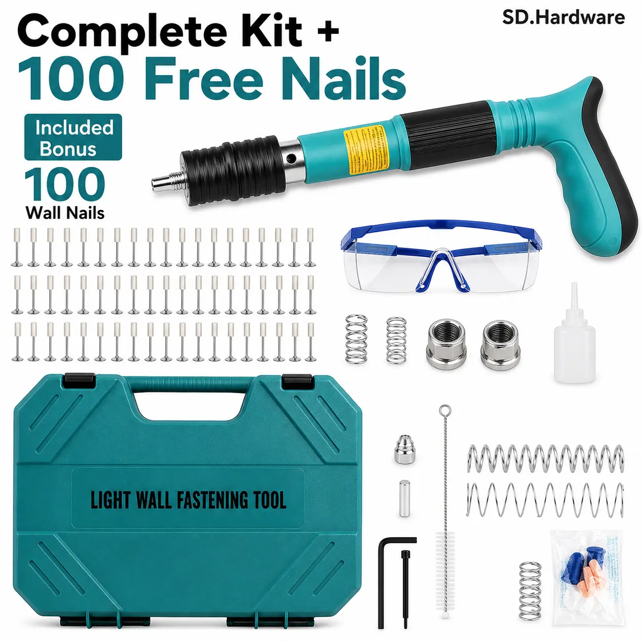 5 Gears Power Adjustable Manual Steel Nail Gun, Mini Portable Concrete Fastening Tool for Wall & Ceiling, Heavy Duty Industrial Rivet Gun Tool Kit with 100 Nails Included