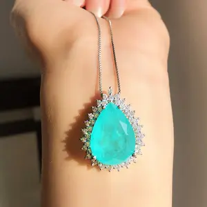 Micro-Inlaid Paraiba & Emerald-Like Zircon Teardrop Necklaces for Women, Women's Ocean Heart Pendant Long Sweater Chain, Ornament Jewelry Gift Gold Plated Amulet