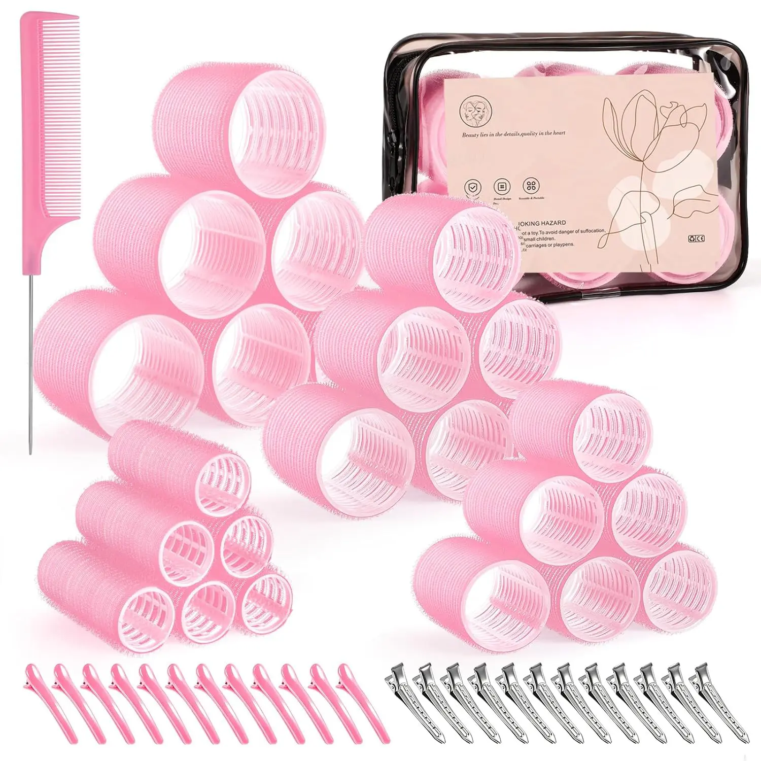 4 Sizes Self-Grip Hair Rollers Set for Long, Short Hair and Bangs - 50 Pcs with Clips (25mm, 36mm, 48mm, 60mm), Pink