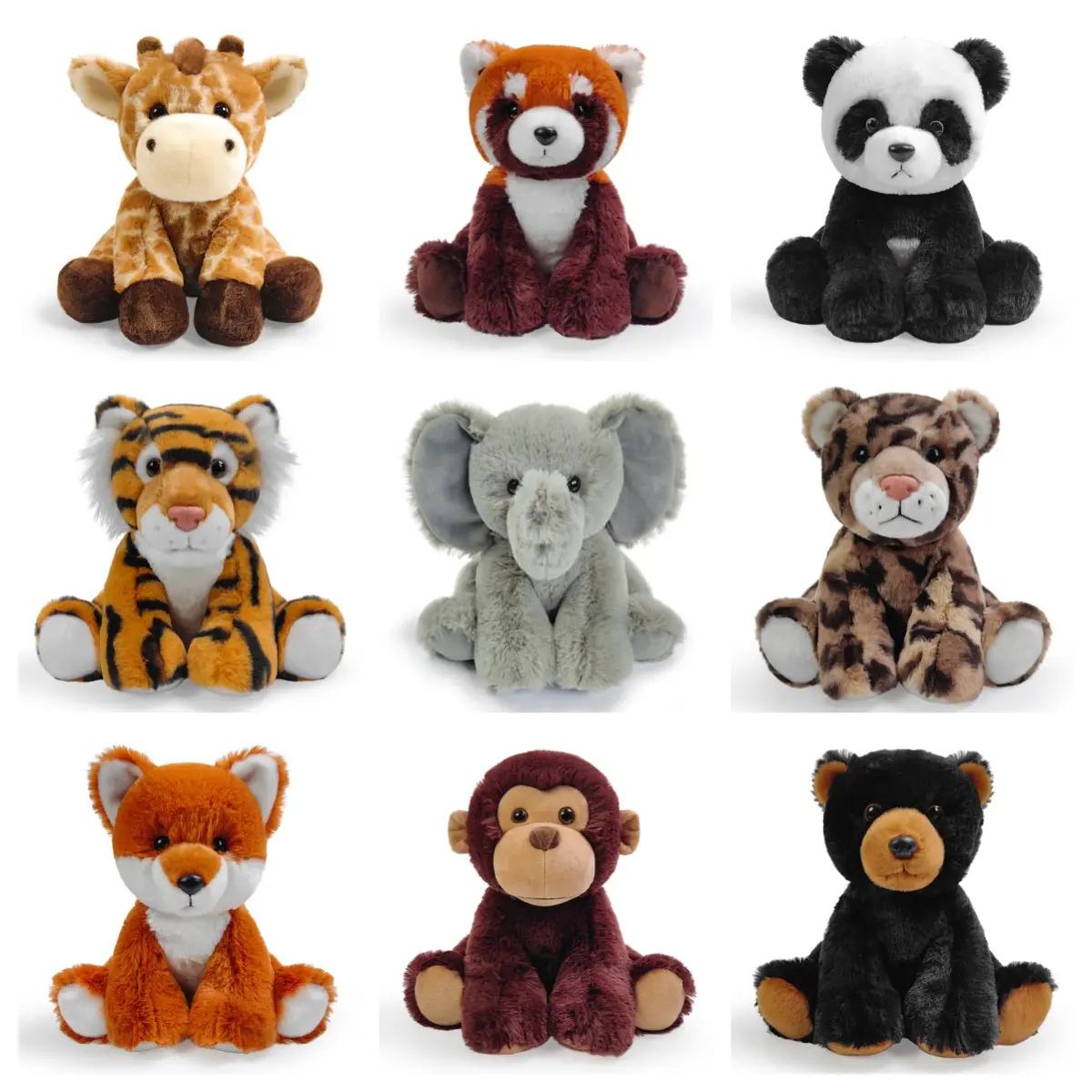 Cute Sitting Elephant Monkey Tiger Leopard Black Bear Red Panda Fox Giraffe Panda Plush Animal – Soft, Detailed & Perfect for Kids, Decor & Collectors