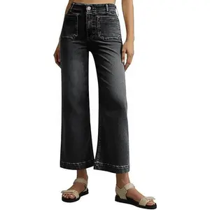 Cicy Bell Wide Leg Jeans for Women Trendy High Waisted Flare Stretchy Cropped Baggy Denim Pants with Front Patch Pockets - Womenswear