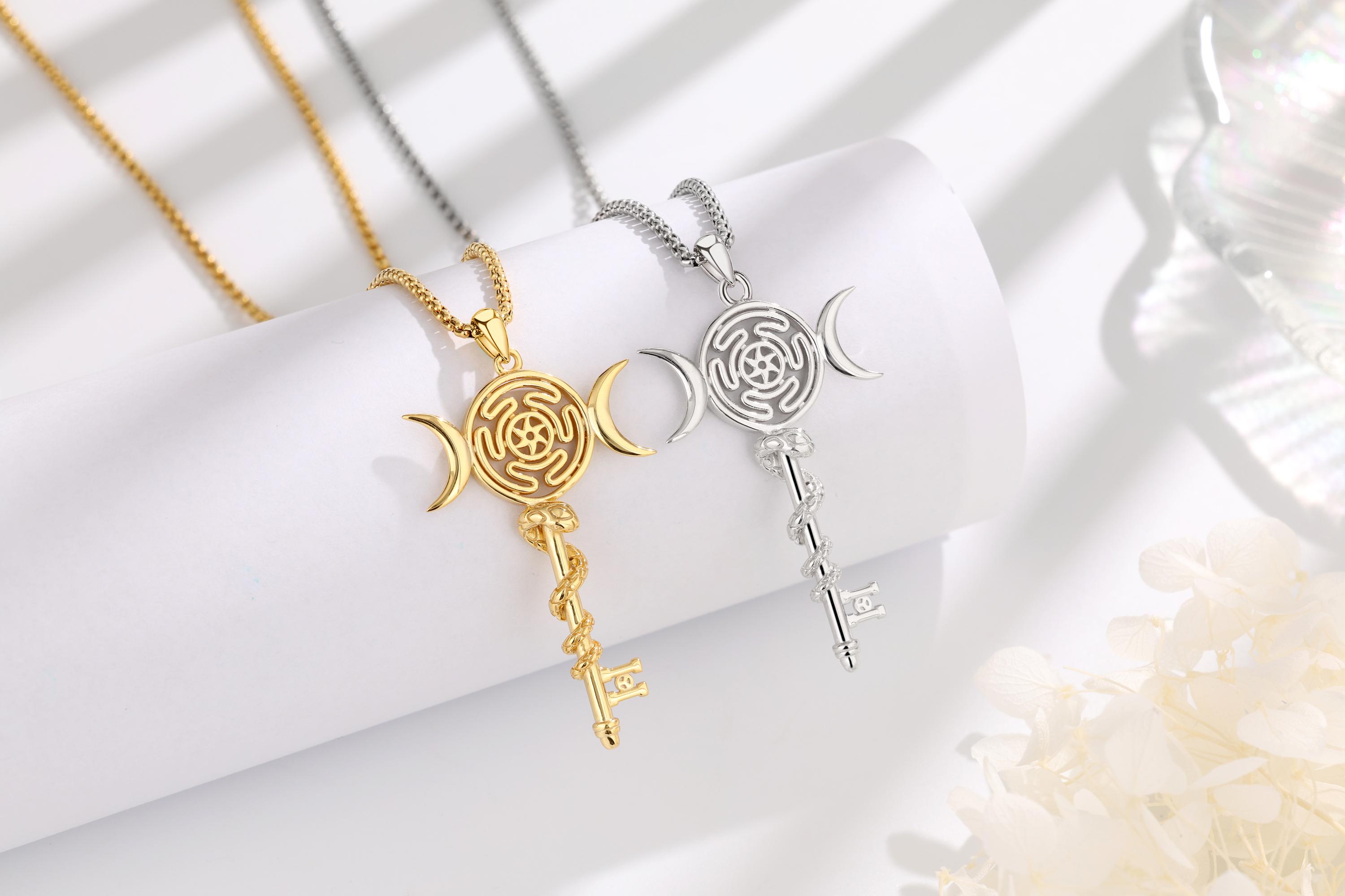 Eudora S925 Sliver Triple Moon Goddess Pendant, Hecate Key Necklace, Witchcraft Jewelry with Coiled Snake, Witchy Hekate Amulet, Spiritual Pagan Gift for Women