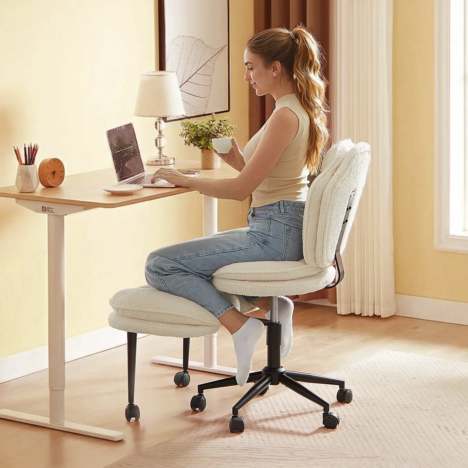 [Plus Size] Pinmoco Cloud Throne Cross-Back Ergonomic Chair—Dual-layer 360-degree swivel, height-adjustable, teddy bear fabric, pet-friendly office chair, extra-wide seat, ideal for both home and office use, reading chair.
