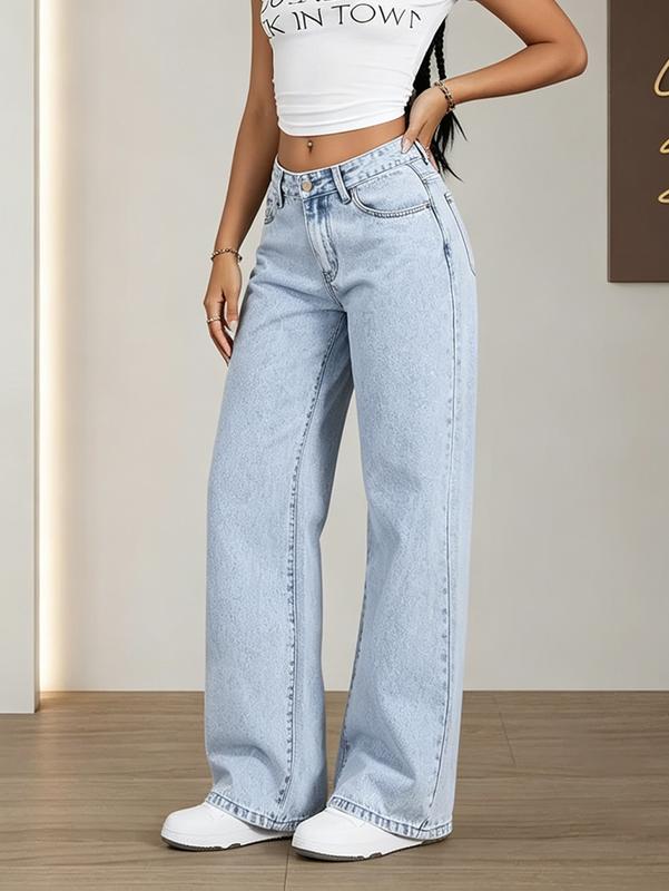 Women's Light Wash Mid-Rise Wide Leg Denim Jeans - High Waisted Option, Denim Fabric, Simple Modern Casual, Loose Fit, Zipper Fly, Y2K Style Bottoms