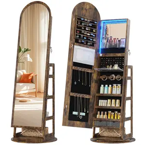 Vlsrka LED Mirror Jewelry Cabinet, 360° Swivel Jewelry Organizer Standing, Arched Wide Full-Length Mirror with Storage Shelves, Interior Mirror, Wood Jewelry Armoire for Lady Girls