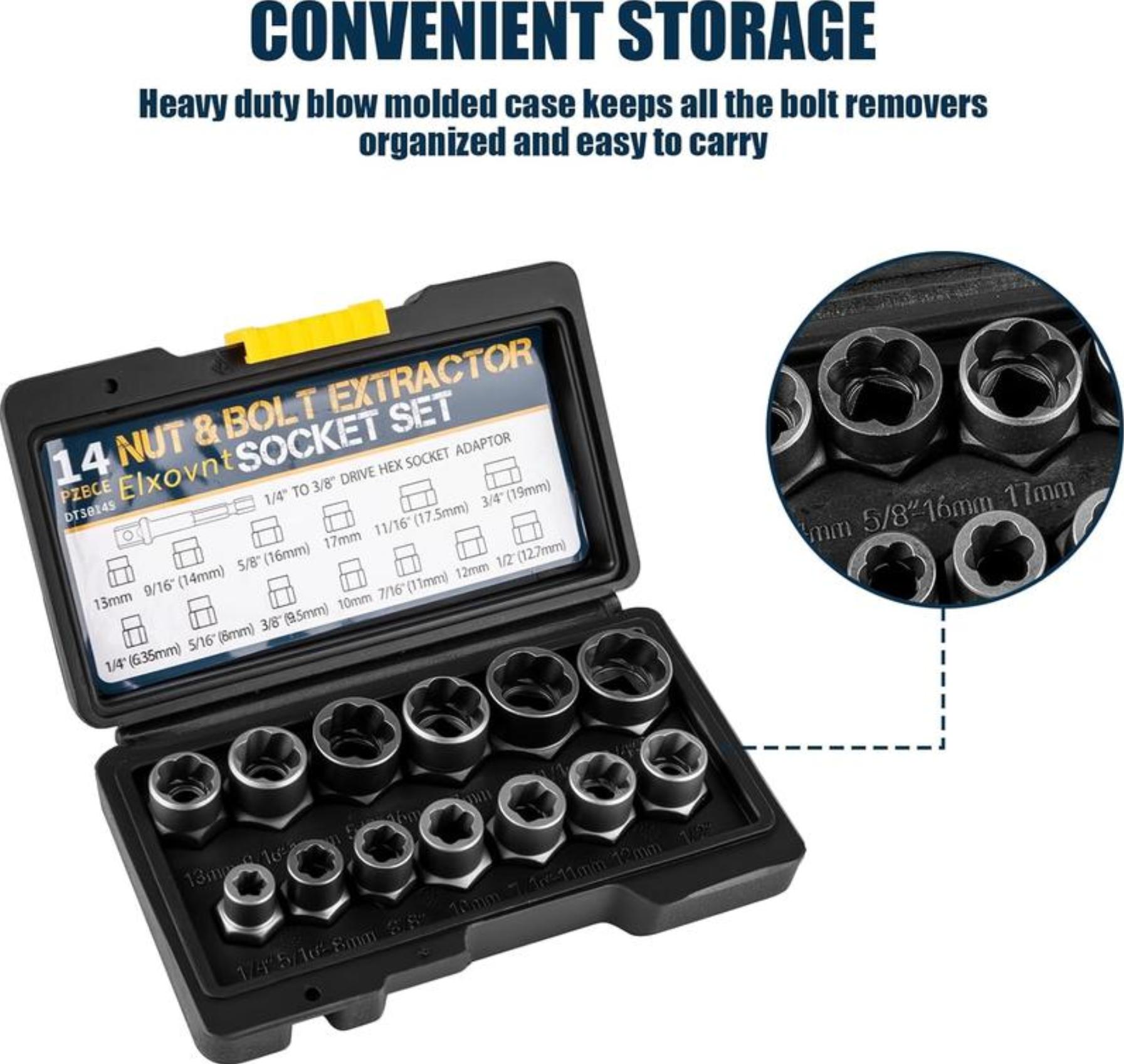【FathersDayGift】 Bolt Extractor Tool Set, 13+1 Counts Impact & Nut Remover Stripped Lug Remover, Drive Rounded Bolt Remover for Removing Damaged, Frozen Universal Impact impact bolt