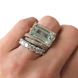 SC SOCIALITE STACK Cocktail Rings - Three-Piece Set with Emerald-Cut Zircon & Pavé Bands - Silver-Plated Copper Alloy - Stackable for Nights Out & Special Events,Vintage Princess Bridal Ring Set,Stackable Emerald-Cut Cocktail Rings Set