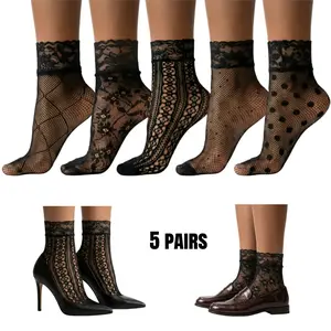 5 Pairs Black Lace Socks, Elegent Mesh Fishnet Ankle Socks Sexy Hollow Mesh Lace Sock for Women Girls