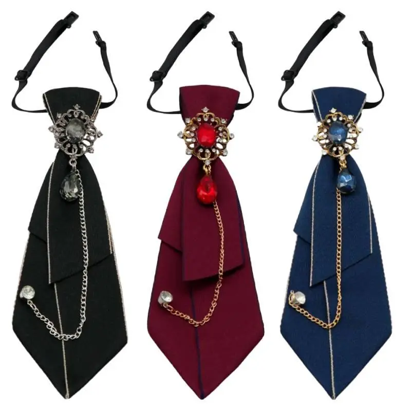 Adjustable Crystal Women’s Tie – Vintage Pre-Tied Necktie with Removable Chain & Gemstone, Elegant Accessory for Parties & Commuting