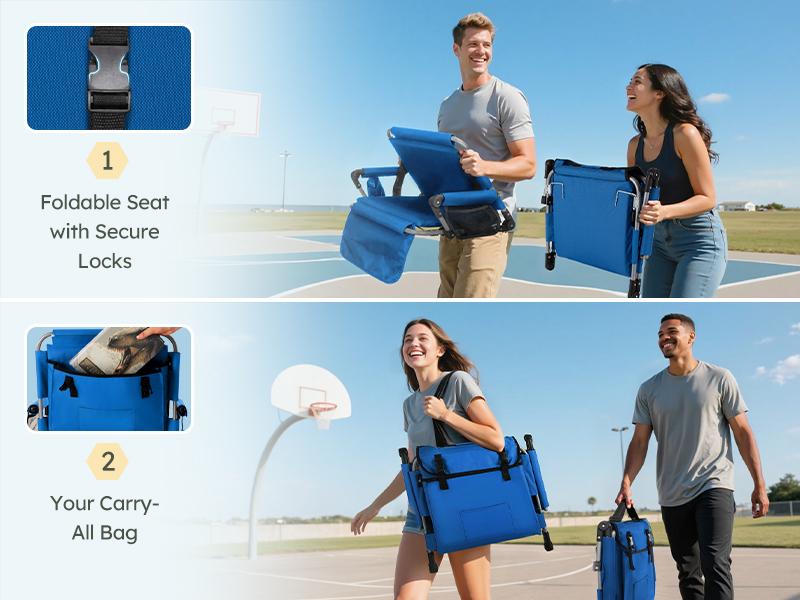 PHI VILLA Stadium Seat with Back Support, Bleach Seat with Backrest and Cushion, Stadium Chair with Cup Holders, Mesh Bag and Hidden Hook for Basketball and Soccer Bench Blue