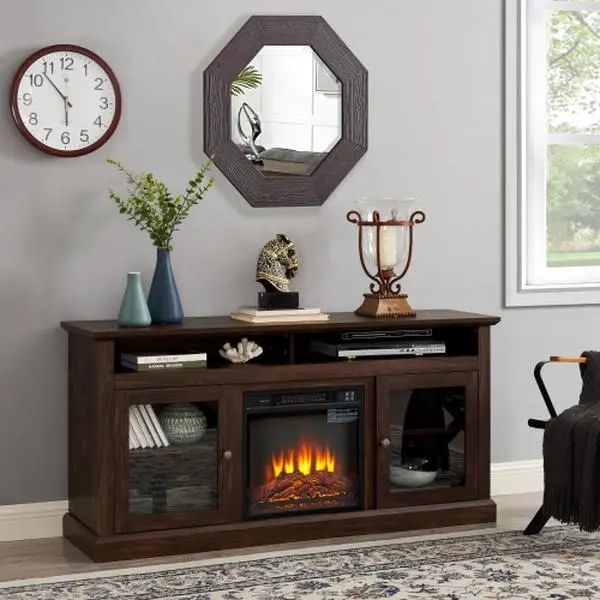 Bellemave  Contemporary TV Media Stand Modern Entertainment Console with 18" Fireplace Insert for TV Up to 65" with Open and Closed Storage Space, Brown, 60"W*15.75"D*29"H Tv Console Cabinet Tv Console Table