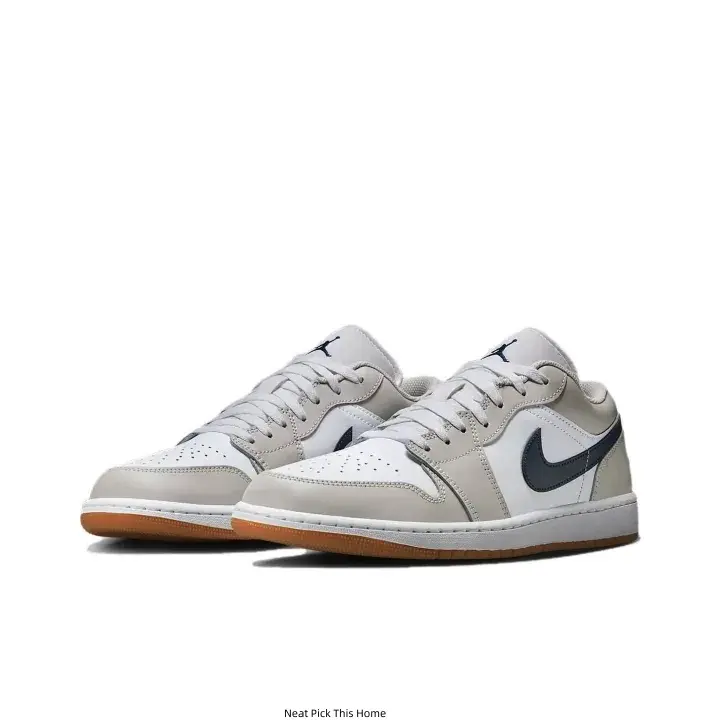 Off White Light Grey Dark Navy Swoosh Retro Low Top Jordan Casual Sneakers Gum Rubber Outsole Smooth Leather Daily Walking Trainers for Men Women Streetwear