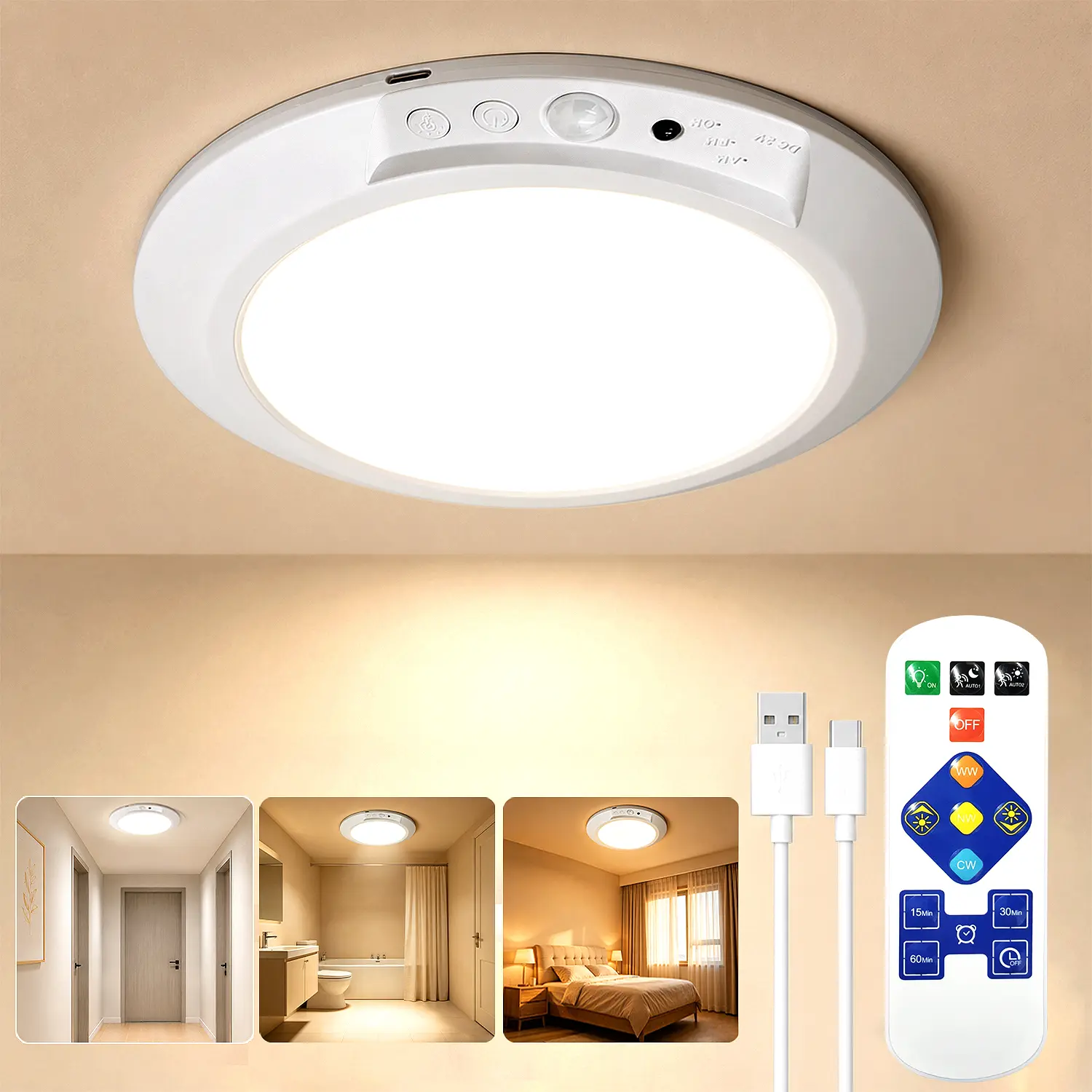 Rechargeable Motion Sensor Ceiling Light with Remote - Magnetic Wireless Ceiling Light Battery Powered for Closet Shower Stairs Shed Hallway ect