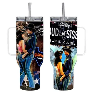 Gilley's Club Texas 40oz Tumbler with Handle - Bud & Sissy Urban Cowboy Tribute - Large Insulated Coffee Cup for Country Music Lovers - Western Retro Movie Merchandise, Bud and Sissy 40oz Travel Mug