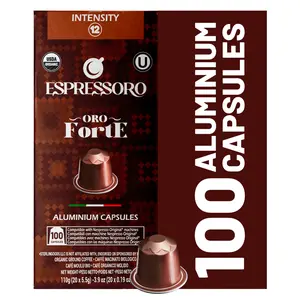ESPRESSORO USDA Organic Espresso Compatible Pods - 100 Ct ORO FORTE - Aluminium Coffee capsules compatible with Nespresso Original Line Machines Dark Roast Chocolate flavor notes